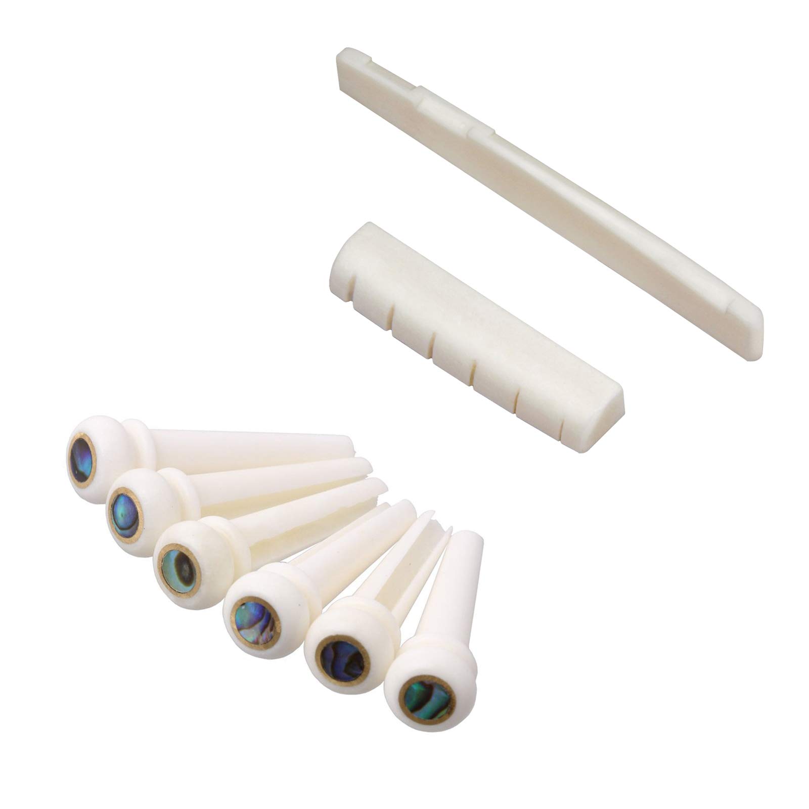 Acoustic Guitar Bridge Pins String End Bone Nut Saddle Abalone Replacements Set (Saddle and Nut and Pins Set)