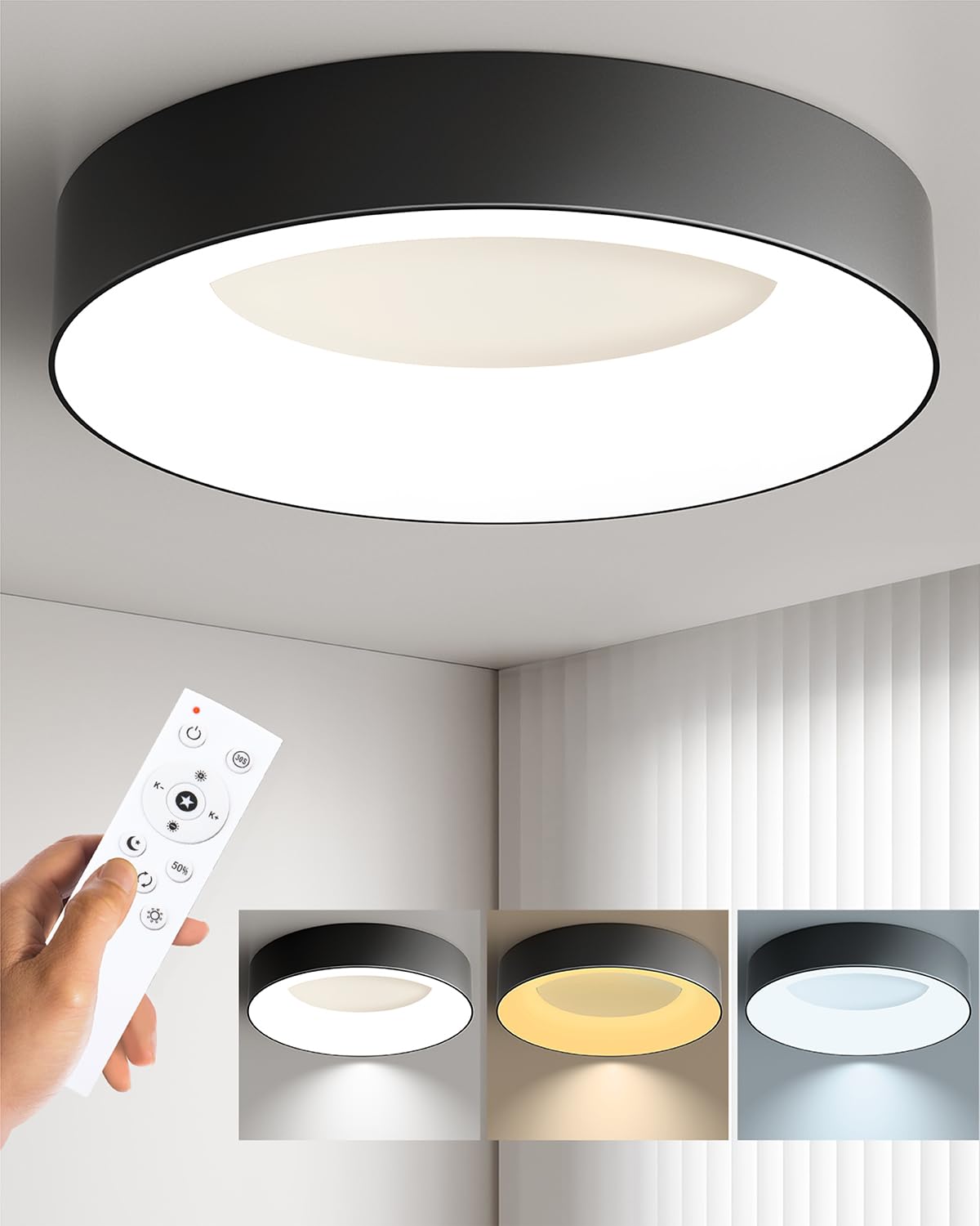Photo 1 of Annaror LED Flush Mount Ceiling Light with Remote Control, 48W 3000K-6500K Dimmable Ceiling Light Fixture, Modern Led Ceiling Lights for Bedroom Kitchen Laundry Room, 15.8 Inch Black