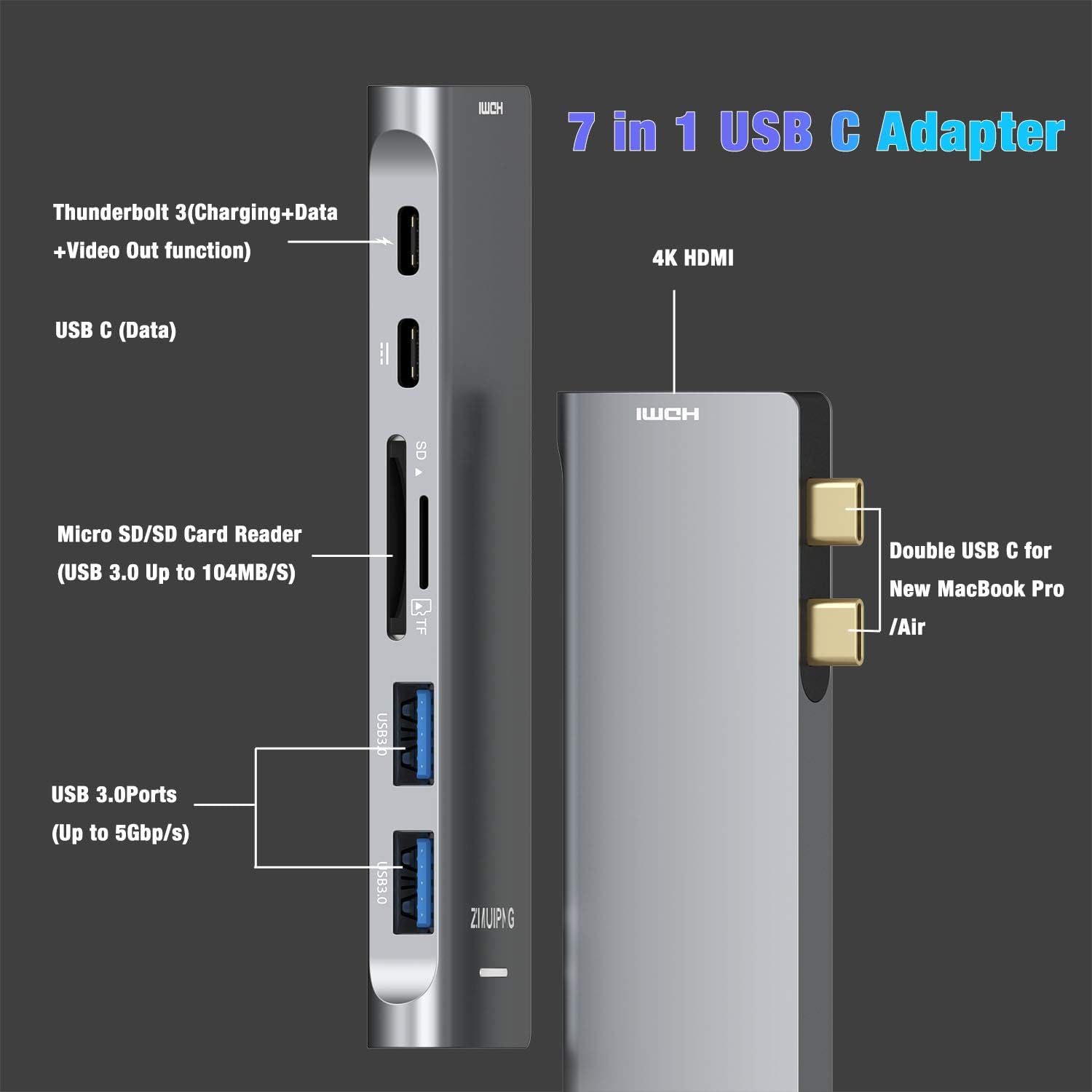 USB C Adapters for MacBook Pro 2020, MacBook Pro USB Adapter MacBook HDMI Multiport Dongle for MacBook Pro Air 2020-2018 with 4K HDMI, 2 USBB 3.0 Port, SD/TF, Thunderbolt 3 and USB C USB3.0 Data Port: Electronics
