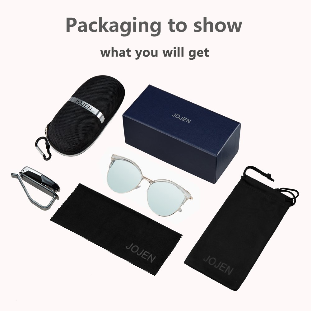 JOJEN Semi Rimless Cateye Polarized Sunglasses for Women Metal&TR90 Frame JE015(Transparent Frame Blue Lens)