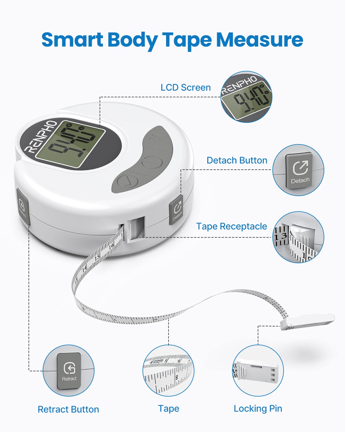 RENPHO Body Measuring Tape, Bluetooth Smart Tape Measure with Lock Hook & Retractable Function, Accurate Body Fat Measurement Device for Weight Loss, Muscle Gain, Fitness Bodybuilding, 60in /150cm