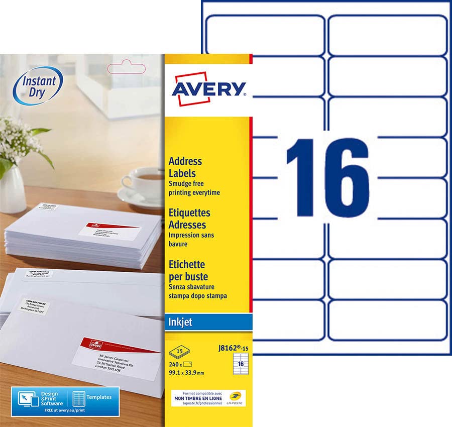 Avery J8162-15 White Self-Adhesive Labels 240 Pieces 99.1 x 33.9 mm – A4 Sheet, Inkjet Printer, Compact Size, FSC Paper, Compatible with My Online Stamp