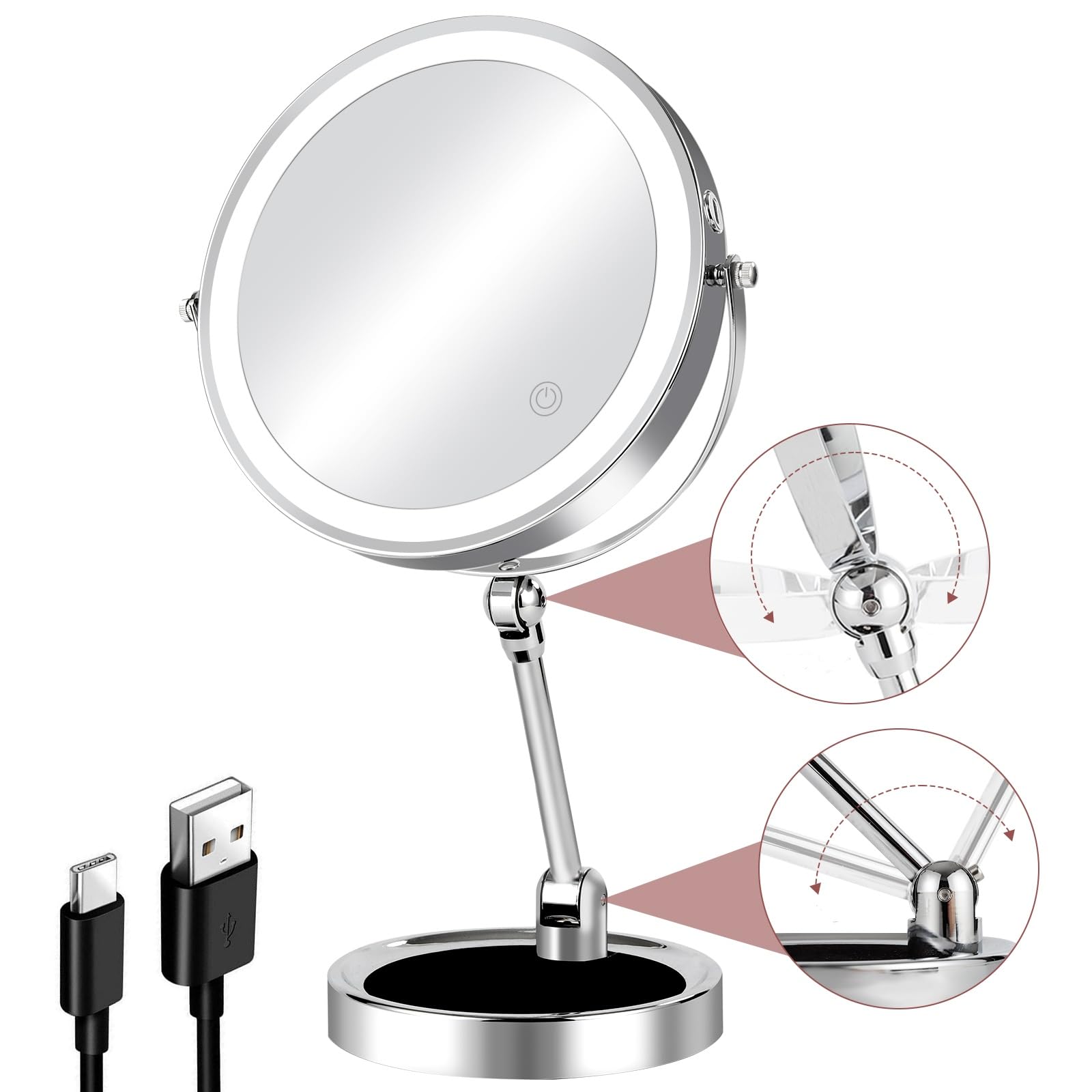 FFowcye Vanity Mirror with LED Lights, 8 Inch, 1/10X Magnification, Rechargeable, Foldable Makeup Mirror, 3-Colour Touch Control for Dressing Table