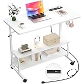 Armocity Height Adjustable Standing Desk with Power Outlets, 32" Manual Stand Up Desk with Storage Shelves Small Mobile Rolling Computer Desks Portable Laptop Table with Wheels for Home Office, White