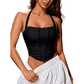 ChiaoLezhee Women's Halter Mesh Corset Crop Top, Ruched Asymmetrical Hem, Boned Lace-Up Bustier for Going Out Fit Sizes 00-14