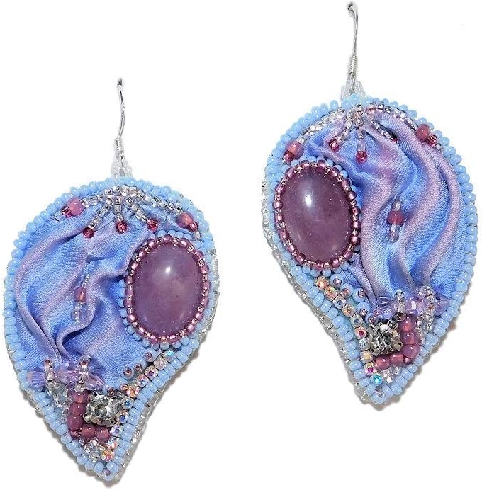 Handmade Bead Embroidered Long Paisley Sterling Silver Earrings with Shibori Silk Quartz Rhinestones Purple Bridesmaid Prom Wedding Jewelry