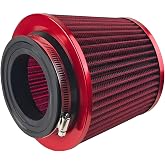 BCOWPV Car Clamp-On Air Intake Filter, 3" 3.5" 4" High-Flow, Red | Round tapered vehicle engine vent cold air filter, washable cone auto crankcase breather cleaner, universal fit