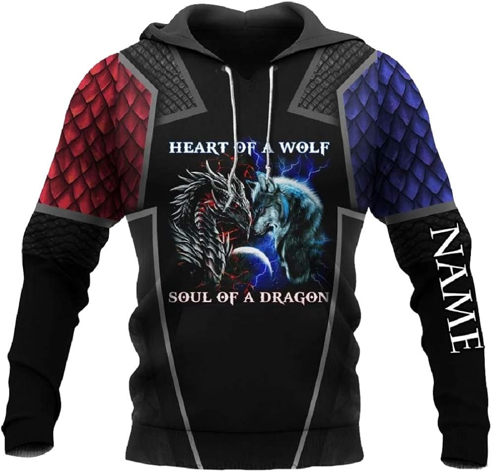 Amazon Com Heart Of A Wolf Soul Of A Dragon Personalized Customize All Over Printed 3d Hoodie Zip Hoodie Sweatshirt Clothing