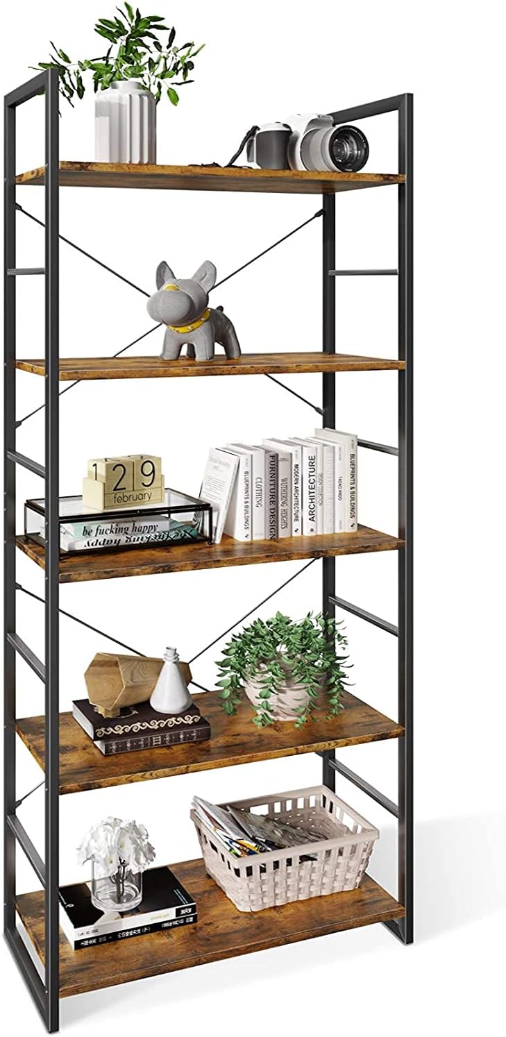 ODK Bookshelf, 5 Tier Tall Bookcase Shelf, Free Standing Units, Modern Book Shelf for Bedroom, Living Room and Home Office, Rustic Brown: Kitchen & Dining