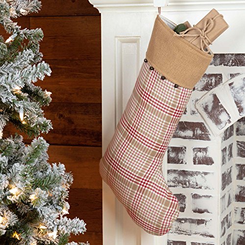 Piper Classics Red and Tan Plaid & Burlap Christmas Stocking w/Jingle Bells, 12" x 20", Country Farmhouse Holiday Decor - Thumbnail 4