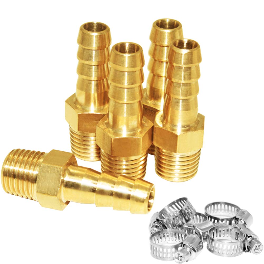 JoyTube 5 Pcs Hose Barb Fittings 1/4" Barb to 1/4" NPT Male Thread Brass Metals Adapter Connector with Hose Clamp