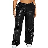 EZAPINE Women's Faux Leather Cargo Pants High Waisted Y2K Leggings Pants with Pockets