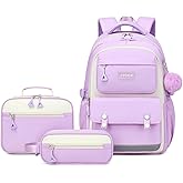 CYOQX 3PCS School Backpack for Girls with Lunch Box Teen Girl Backpack Set Elementary Middle High School Bag Cute Bookbags (Purple 3pcs)