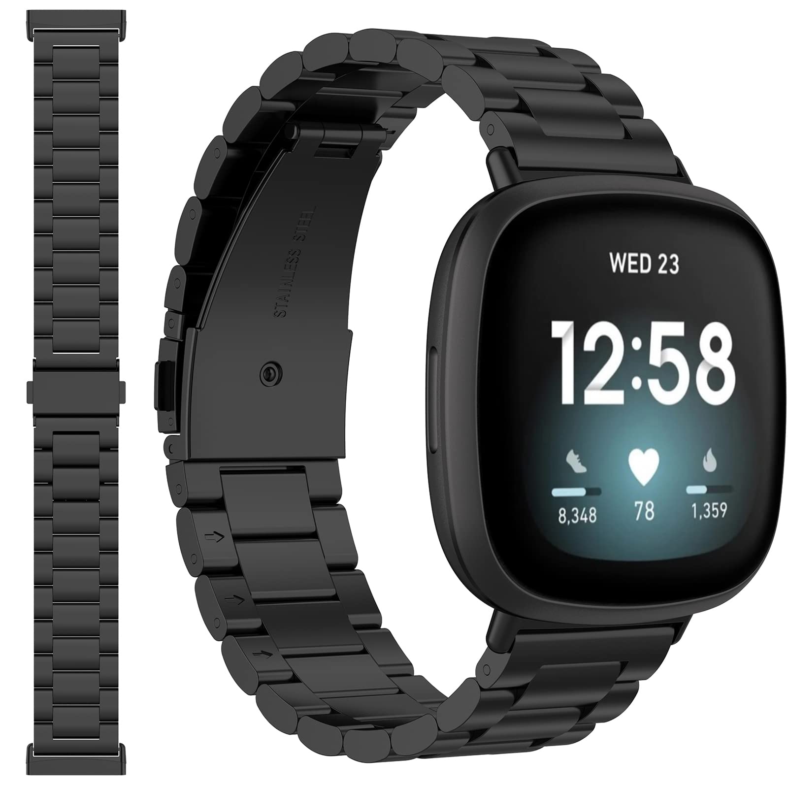 Miimall Metal Strap Compatible with Fitbit Versa 4/Fitbit Versa 3/Fitbit Sense 2/Fitbit Sense, Stainless Steel Band with Folding Clasp, Adjustable Replacement Bracelet Wristband, Black