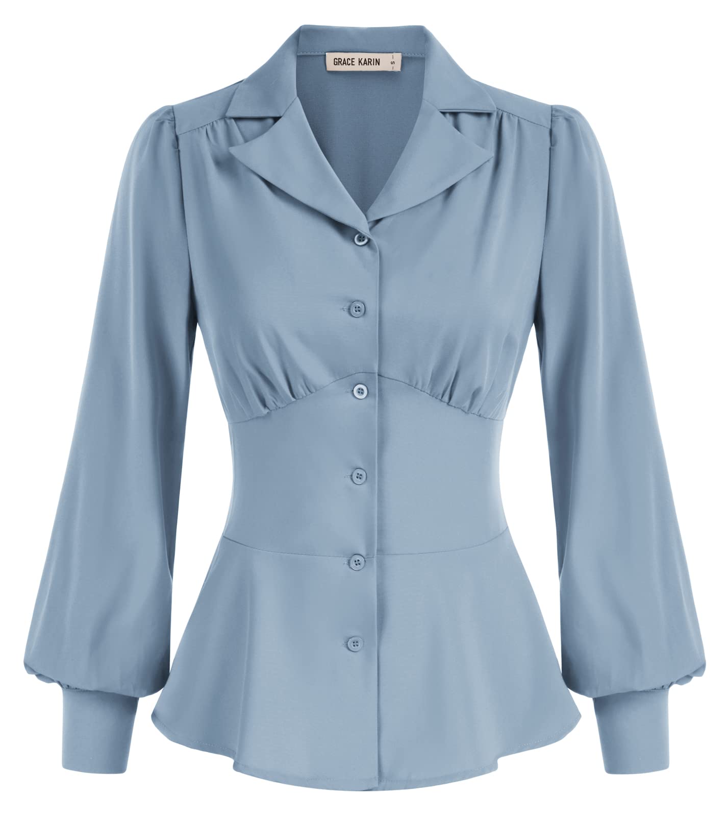 Photo 1 of Peplum Blouses for Women Long Sleeve Plus Size Tops Casual Summer Blouse Collared Button Down Office Shirt Blue L