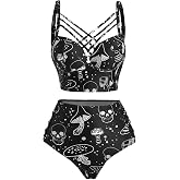 DRESSFO Womens Gothic Retro Skull Rose Mushroom Bikini Set | Gothic skull,rose flower,mushroom print, Beach Bikini,Vintage bikini, Retro Tankini,High Waisted Tummy Control Bathing Suit