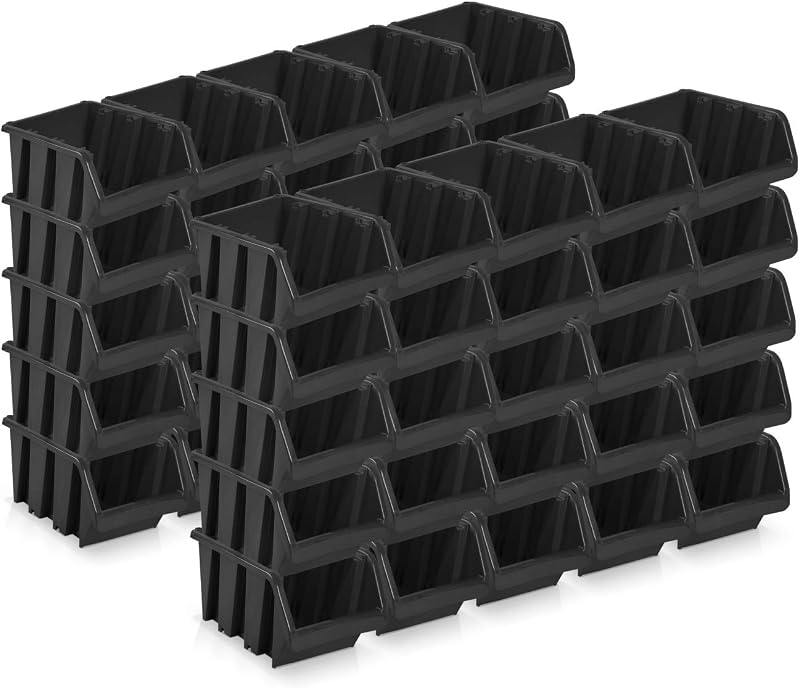 50 x Black Storage Boxes Size 2 (15.5x10x7cm) Stackable Plastic Workshop Craft