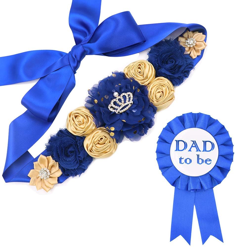 Royal Blue Maternity Sash & Dad to be Corsage Kit - Baby Shower Sash Baby Boy Pregnancy Sash Keepsake Baby Shower Flower Belly Belt