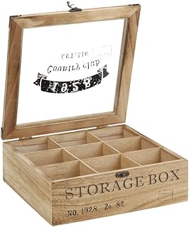 ToCi Teebox Holz Natur mit 9 Fächern | Quadratische Teekiste Teedose Teebeutel Box Aufbewahrung | 24 x 24 x 8,5 cm (LxBxH) |"Storage Box" im Retro Look