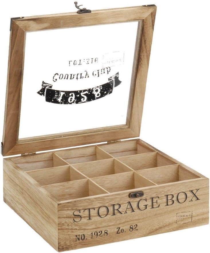 ToCi Teebox Holz Natur mit 9 Fächern | Quadratische Teekiste Teedose Teebeutel Box Aufbewahrung | 24 x 24 x 8,5 cm (LxBxH) |"Storage Box" im Retro Look