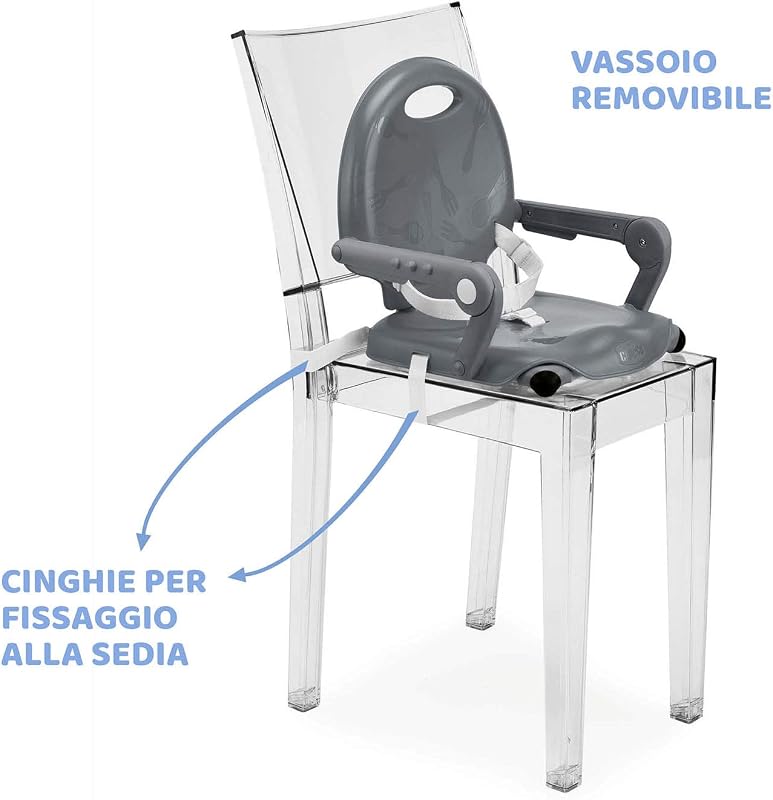 Pocket Snack Rialzo Sedia per Bambini 6 Mesi-3 Anni (15 kg), Seggiolino Pappa Alzasedia da Tavolo Portatile Seggiolone Da Viaggio Chiusura Compatta, Vassoio Rimovibile, Grigio