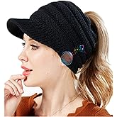 Bluetooth Beanie for Women, Wireless Headset Winter Knitted Messy Bun Hat Ponytail Hole Visor Caps with Stereo Headphones Mic Hands Free for Outdoor Sports