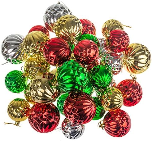 All2Shop Christmas Ball Ornaments Collection 32 pcs Pack 2.36"- 2.75"- 3.14" Silver, Gold, Red, Green Embossed Finish Shatterproof