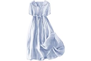 ZWRXW Cotton Linen Dresses for Women 2024 Vintage Short Sleeve Flowy Beach Dress Collar V Neck Button Down Pleated Midi Dress