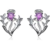 Alexander Castle 925 Sterling Silver Scottish Thistle Genuine Amethyst Earrings - 12mm x 10mm Stud Earrings with Jewelry Gift Box - Purple Earrings for Women