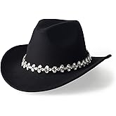 EOGIMI Glitter Rhinestones Cowboy Hats for Women Wide Brim Felt Western Cowgirl Hat with Bling Diamond Band