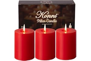 KONNI Red Pillar Candles Set of 3, 3"x 4" Unscented Pillar Candles Bulk, 39 Hours Long Burning Candles, Smokeless and Dripless Large Round Candle for Wedding, Home Decoration, Parties, Spas, Dinner