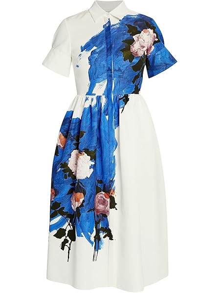 Erdem Floral Brushstroke Midi Shirtdress in Cobalt - brushstroke floral print, midi shirtdress