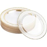 MATANA 20 Reusable 10 Inch Clear Plastic Party Plates Hammered Gold Rim - Premium Heavy Duty Dinner Plates, Elegant Fancy Plastic Plates for Wedding, Bridal Shower, Birthday Party, Events & Picnic