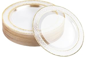 MATANA 20 Clear Plastic Party Plates 10" Inch/ 26cm - Hammered Gold Rim Dinner Plates, Salad Dessert, Appetizer Plates - Heav