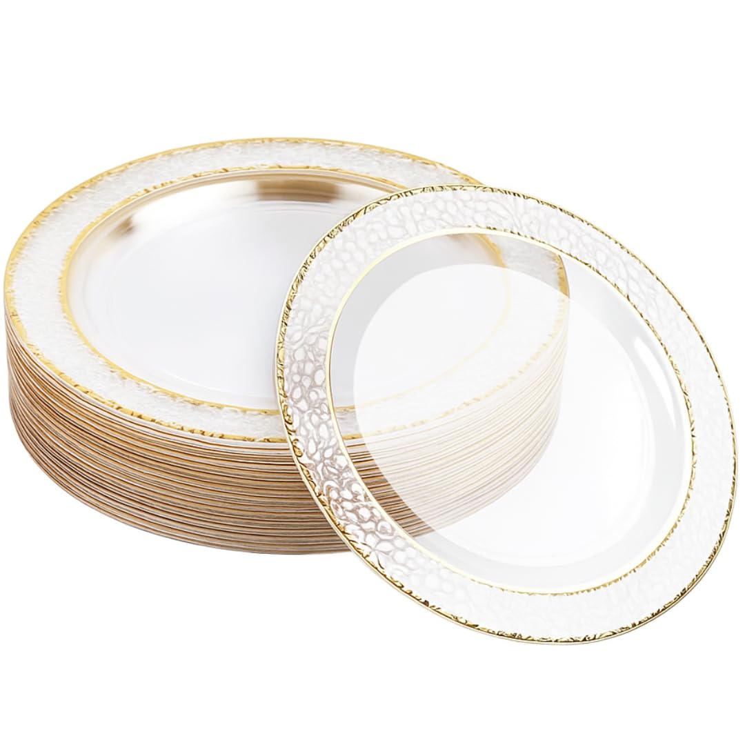 MATANA 20 Premium Clear Plastic Dinner Plates with Hammered Gold Rim, 26cm - Elegant, Sturdy & Reusable - Weddings, Birthdays, Christenings, BBQ, Christmas, Parties