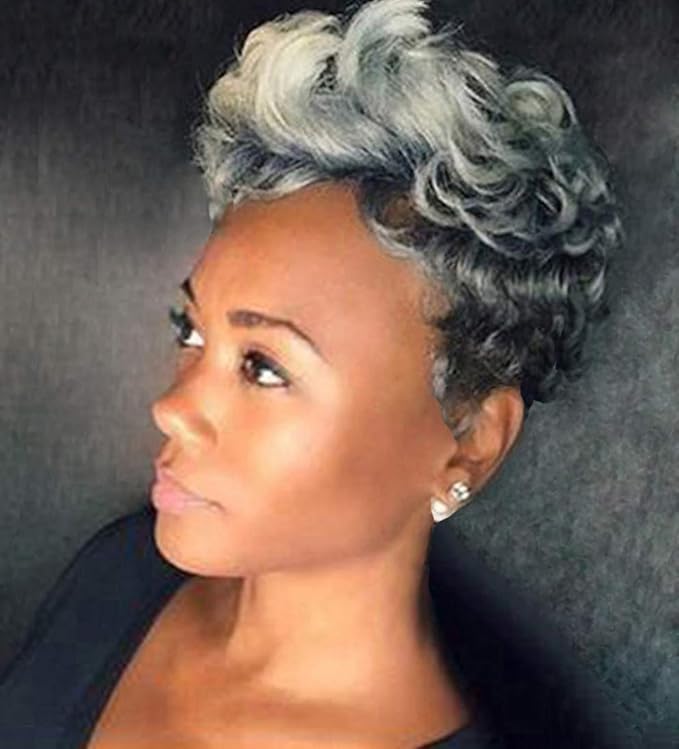 TISHINING Short Curly Wigs for Women Gray Mix Black Bob