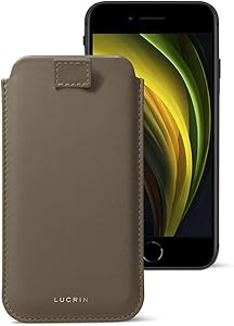 Lucrin - iPhone SE 2020/ iPhone 8/ iPhone 7 Ultra Slim Compatible Sleeve, Protective Soft Case with Pull-Up Strap - Dark Taupe - Genuine Leather
