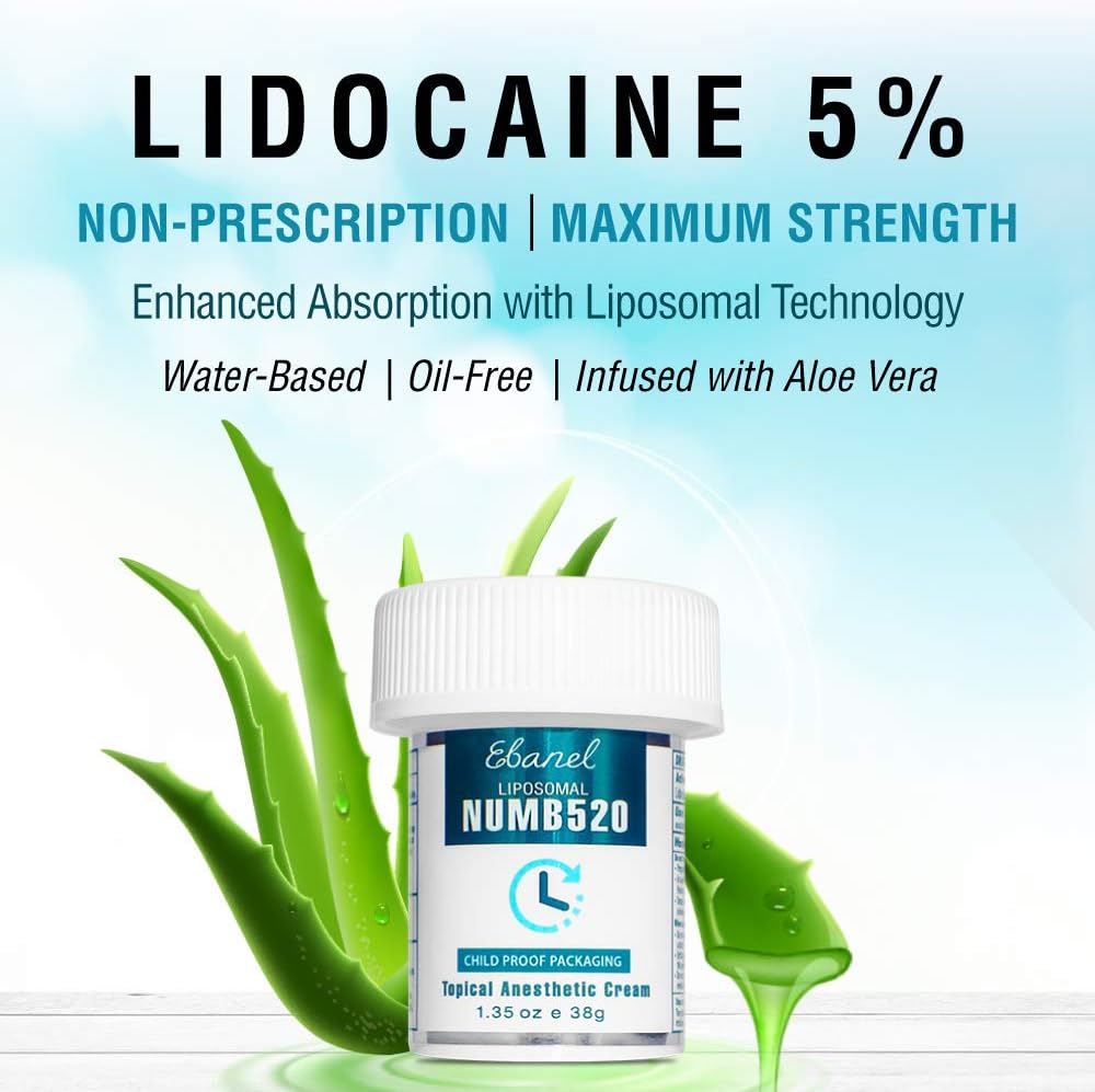 Ebanel 5% Lidocaine Topical Numbing Cream Maximum Strength 1.35 Oz, Numb 520 Pain Relief Cream Anesthetic Cream Infused with Aloe Vera, Vitamin E, Lecithin, Allantoin, Secured with Child Resistant Cap: Health & Personal Care