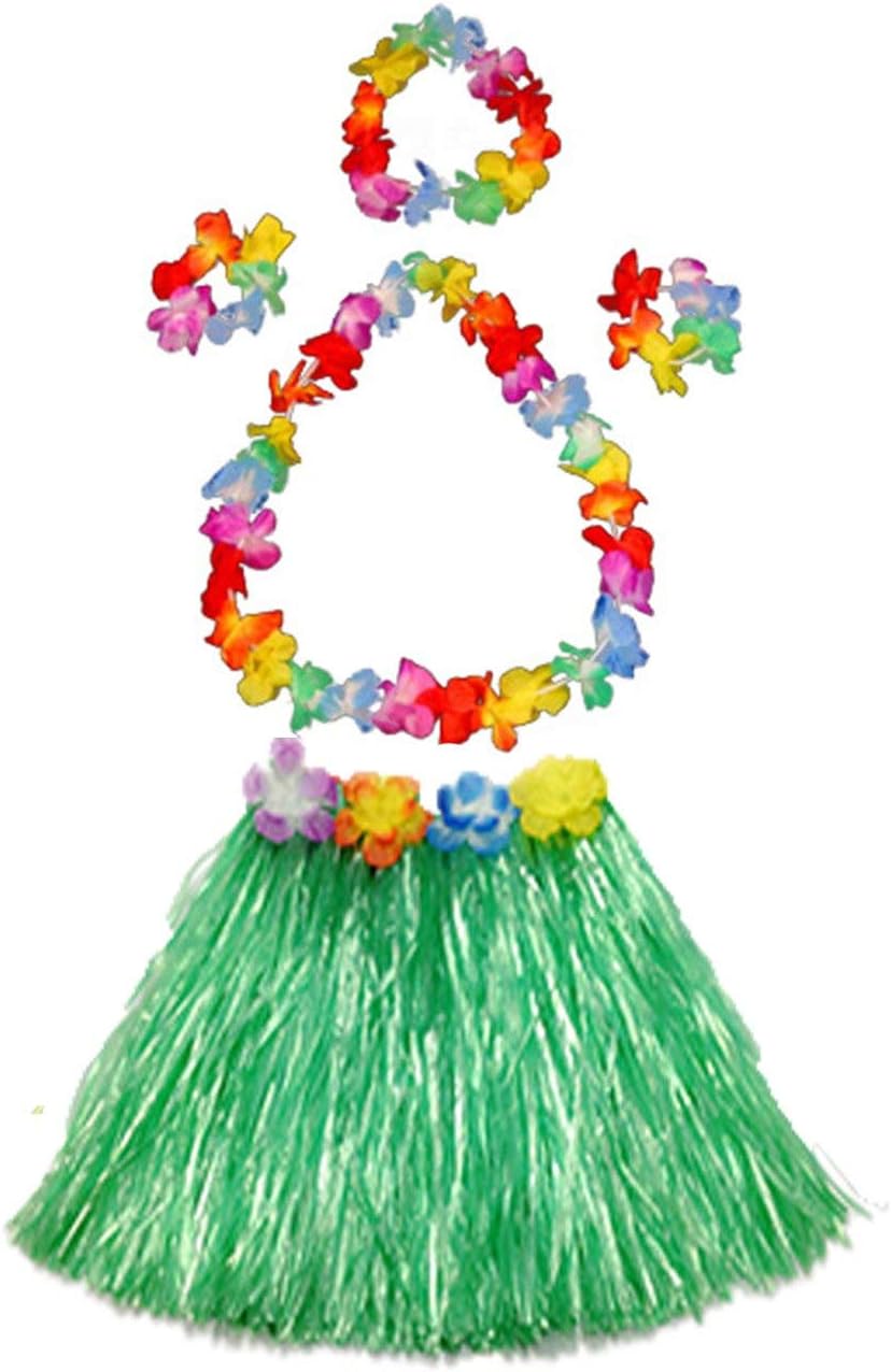 Airsun Elastic Hawaiian Hula Dancer Grass Skirt with Flower Costume Set for Luau Beach Party Dance Favors Kids Women Girl (Green)