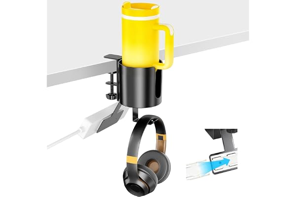 WIOR 3-in-1 Desk Clamp Organizer - Anti-Spill Cup Holder w/Under Desk Headphone Hanger and Power Strip Mount, 360° Rotating D