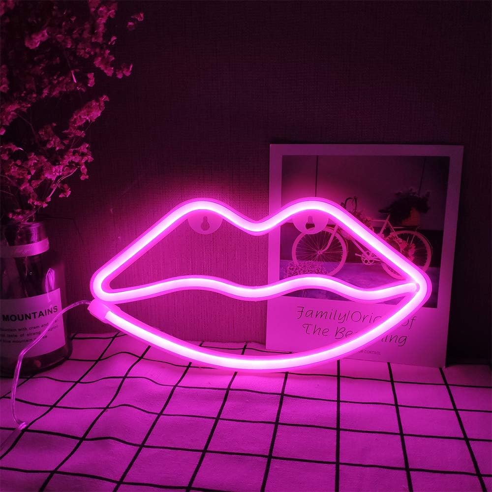 Pink Lip Neon Signs,Lip Neon Night Light Pink Neon Wall Light Led Romantic Art Decorative Neon Lights Battery or USB Operated Led Lamp Art Wall Decor for Christmas Party Birthday Kids Room Wedding