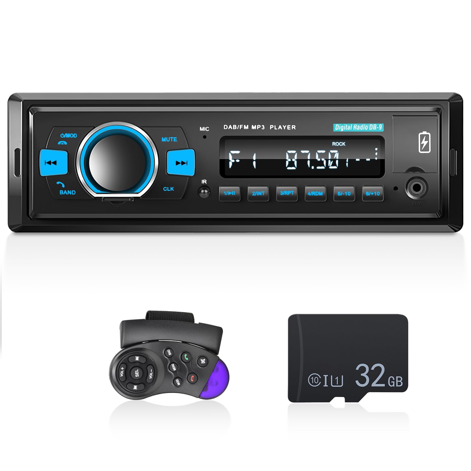 DAB Car Radio Single Din Car Stereo with Bluetooth 5.0/EQ Audio/BT Call/FM Radio/USB Charging/Button Light/TF SD Card Port/AUX-in, 1 Din Radio Player + SWC Remote Control + 32G TF Card