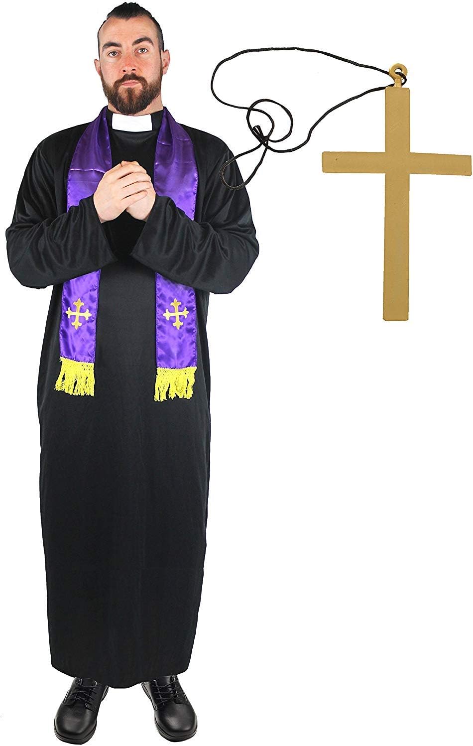 PRIEST COSTUME MENS FANCY DRESS VICAR OUTFIT BLACK LONG TUNIC ROBE WITH WHITE COLLAR + PURPLE SCARF VESTMANT WITH EMBROIRDERED GOLD CROSS (MEDIUM 42-44 INCH CHEST)
