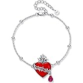 YAFEINI Sacred Heart Bracelet Sterling Silver Sacred Heart of Jesus Bracelet Catholic Jewelry Gifts for Women