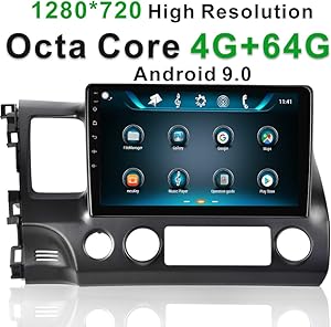 IYING Android 9.0 Car Multimedia Player Supports CarPlay 4GB+64GB 10.1 Inches 1280x720 IPS Screen Car Stereo Radio AM/FM GPS Navigation Bluetooth WiFi for Honda Civic 2006-2011