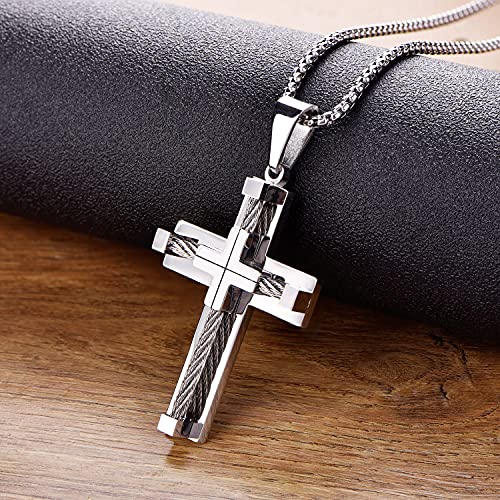 Cruz De Acero Inoxidable Para Hombre - Colgante Cristiano Con Cadena 18-24"