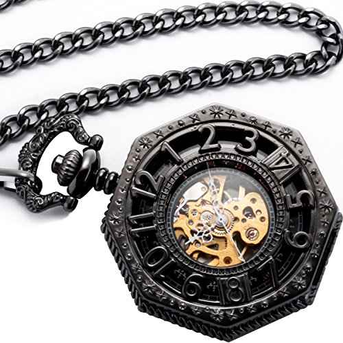 Smart.Deal Men s Magic Mechanical Pocket Watch Black Octagon Case Steampunk Golden Movement Analog Chain