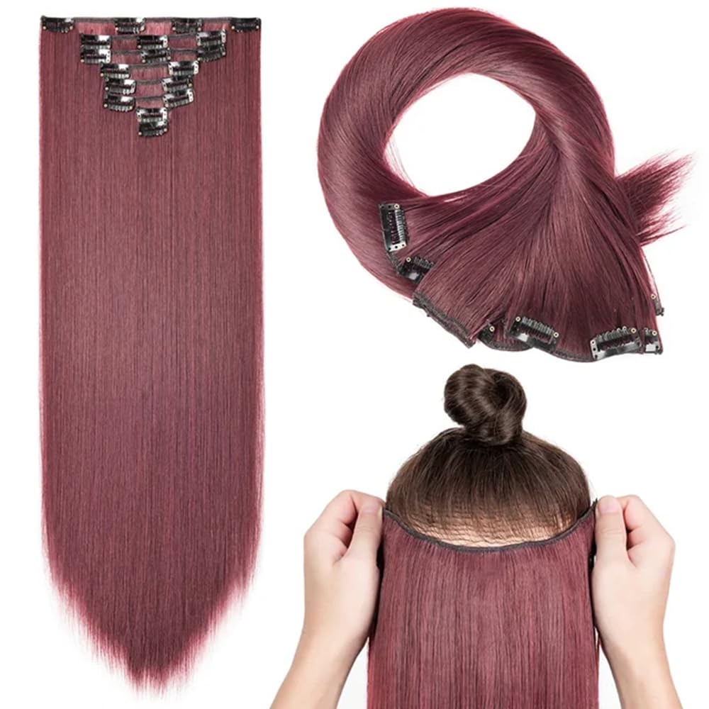 Clip In Human Hair Synthetic Full Head Hair Extension Highlights Streaks (Burgundy, Straight)
