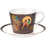 Sara Miller Chelsea 8oz Fine China Teacup & Saucer Set, Dark Grey with 22K Gold Rim - Elegant Afternoon Tea Cup with Love Bird Design for Tea Party or Picnic Essentials - Great Anniversary Gift