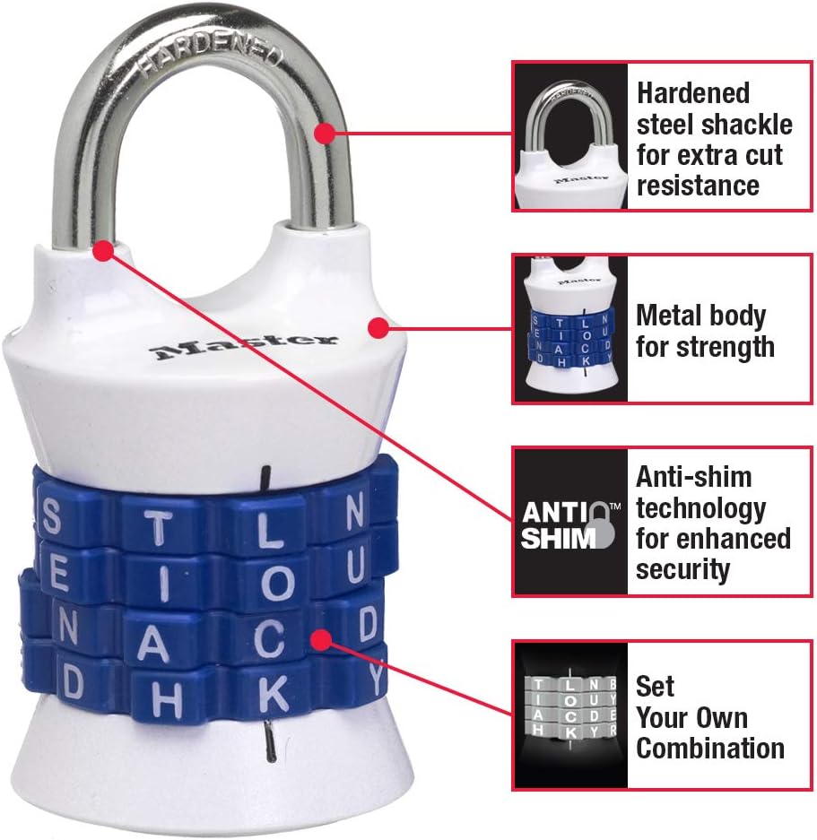 Master Lock 1535DWD Locker Lock Set Your Own Word Combination Padlock, 1 Pack, Assorted Colors - Door Lock Replacement Parts - 